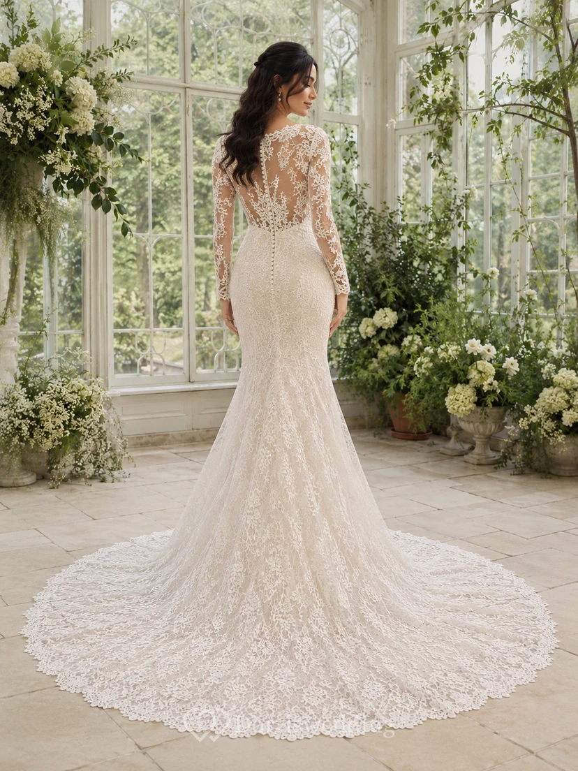 Robe de mariée de soirée ornée de dentelle, décolleté en V profond, manches longues transparentes, coupe sirène, traîne chapelle et applications florales view 2