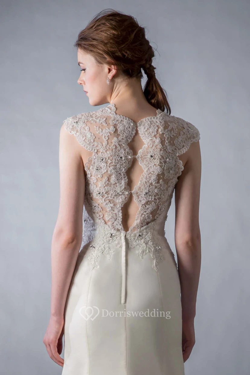 Sheath Jewel Floor-Length Cap-Sleeve Appliqued Satin Wedding Dress With Illusion Back And Beading view 4