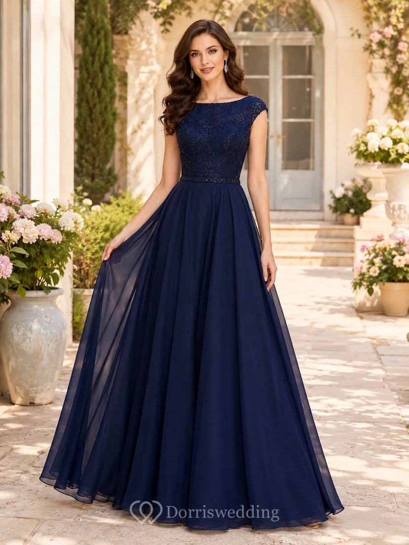 Luxury Dark Navy Lace Prom Ball Gown Floor Length Bateau Cap Sleeve Dress