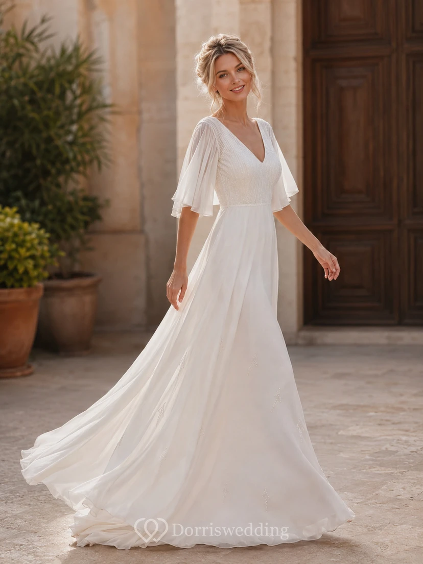 Vestido de novia de gasa con escote en V y mangas tres cuartos, estilo imperio. view 5
