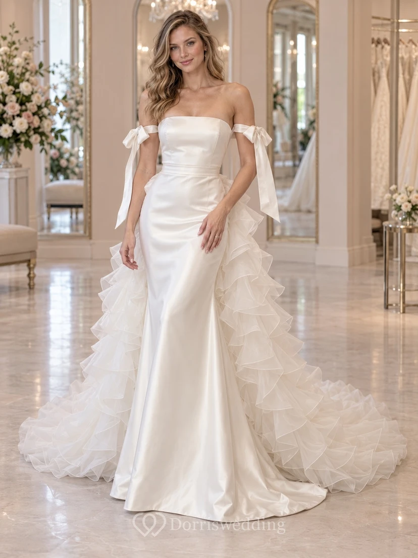 Schulterfreies Brautkleid aus Satin mit Schleifenriemen und fließenden Rüschen