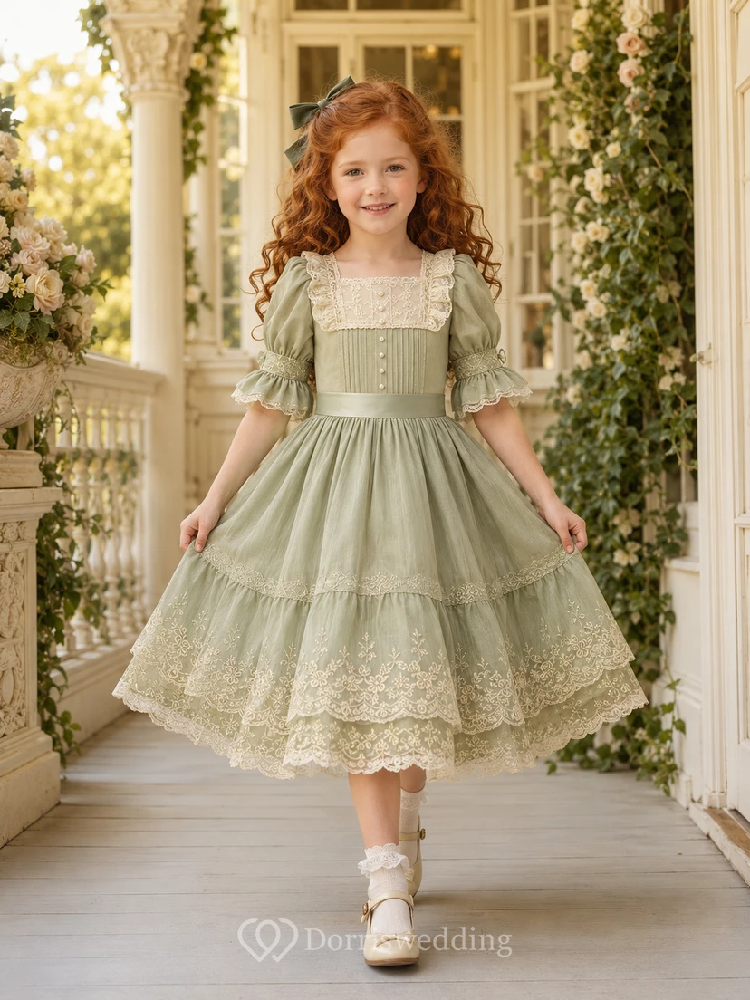 A-Line Victorian Inspired Flower Girl Dress with Square Neckline, Puff Sleeves, Lace Skirt, Satin Sash, Victorian Garden Style