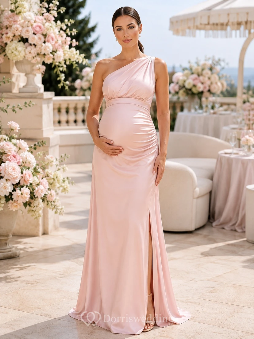 Vestido de maternidad sin mangas, de un solo hombro y con abertura frontal, color rosa perla, de punto.