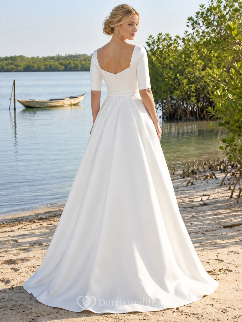 Vestido de novia sencillo de playa con escote corazón, manga corta, satén, corte en A y espalda baja view 2