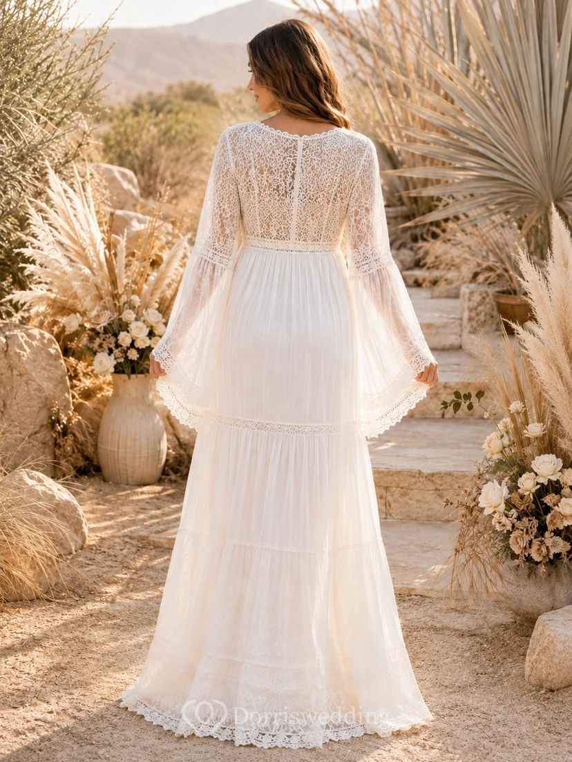 Bohemian Romantic V-Neck Long-Sleeve Lace-Chiffon Draped A-Line Floor-Length Wedding Dress view 2