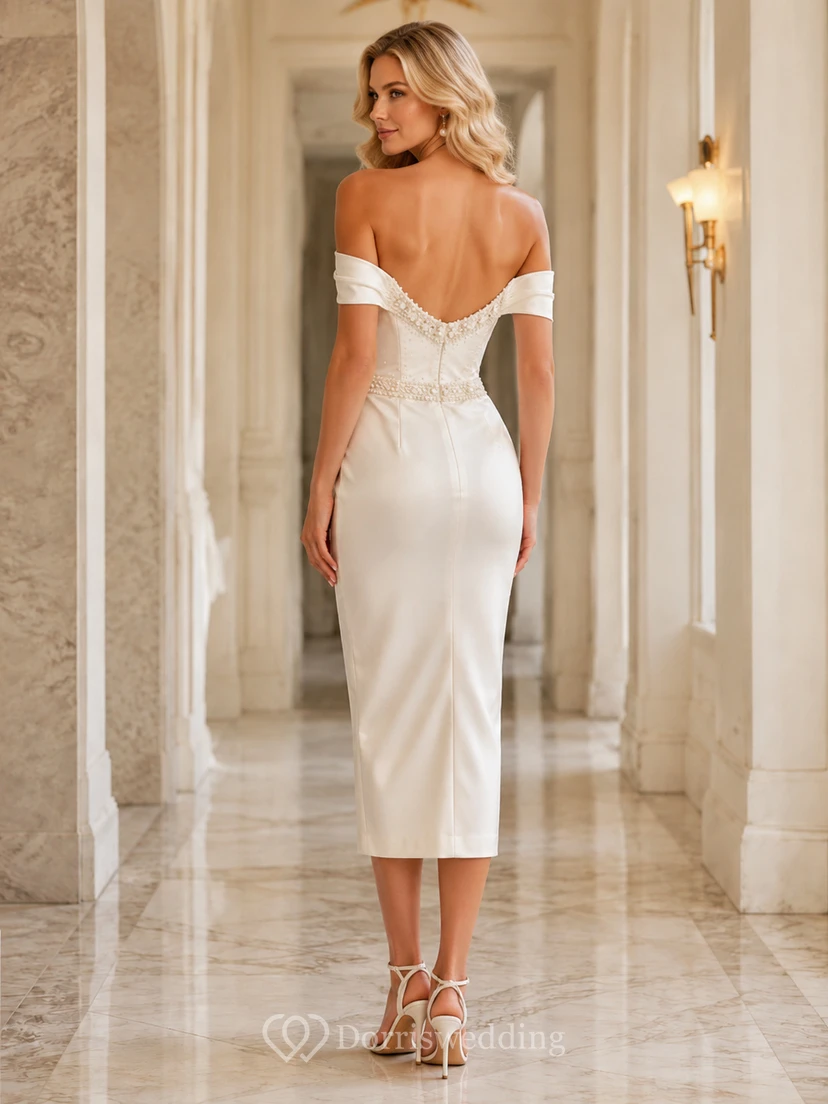 Champagne Off-the-shoulder Pearl Sheath Midi Dress view 2
