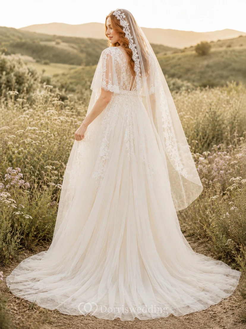 Maternity Wedding Dress V-Neck Cap Sleeve Lace Tulle Gown with Country Train view 2