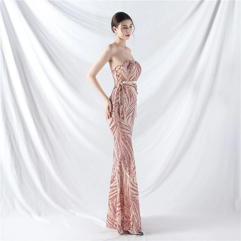 Vestido de noche con tirantes, top tipo tubo y lentejuelas apiladas encriptadas, con método de doble atado de cuerda. view 33