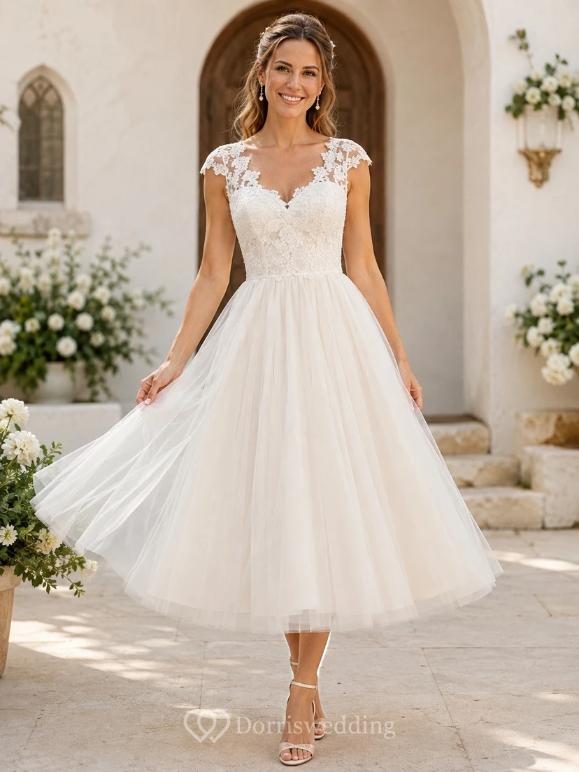 Romantic Cap Sleeve Floral Lace Tulle A-Line Tea-Length Vow Renewal Wedding Dress