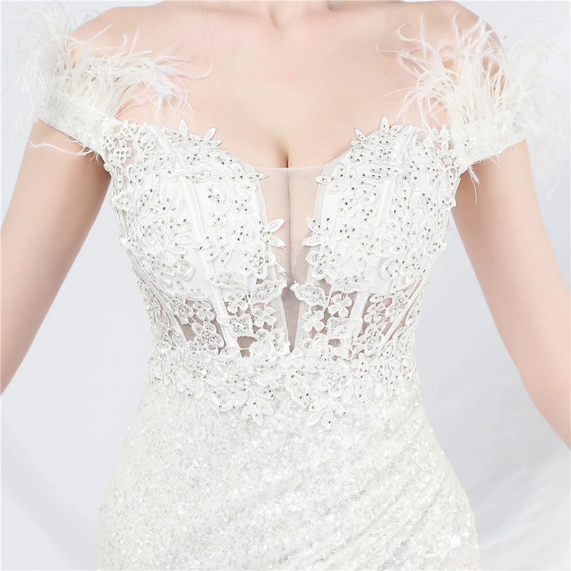 Vestido de noche de alta gama con chaleco de encaje de pelo de avestruz y diamantes, cintura de espina de pescado. view 28