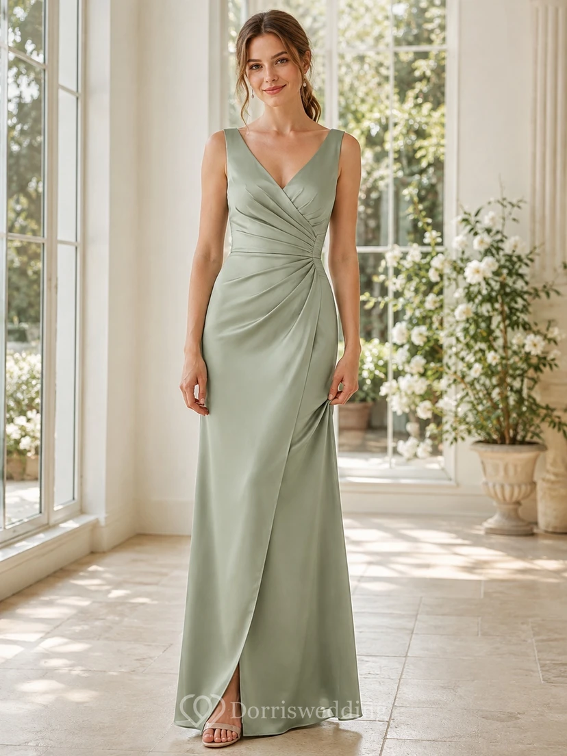 Elegant Sage V-Neck Sleeveless Satin Sheath Floor-Length Ruched Formal Guest Dress