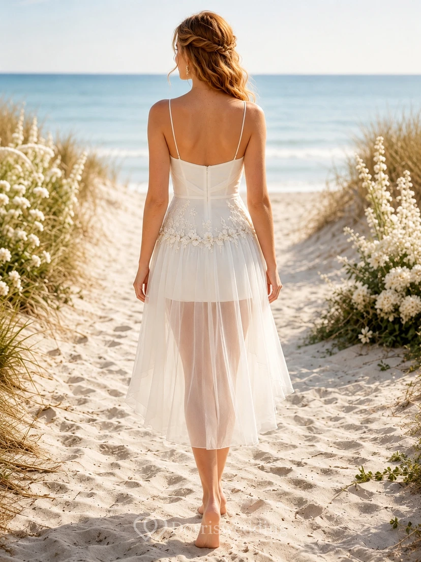 Robe de mariée de plage asymétrique à bretelles spaghetti et col châle view 2