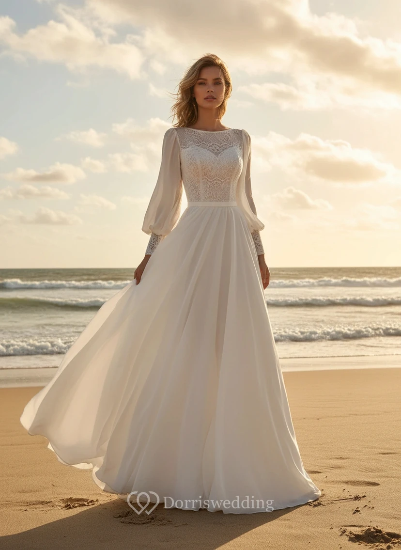 Bateau Neck Puff Sleeve Chiffon Beach Wedding Dress