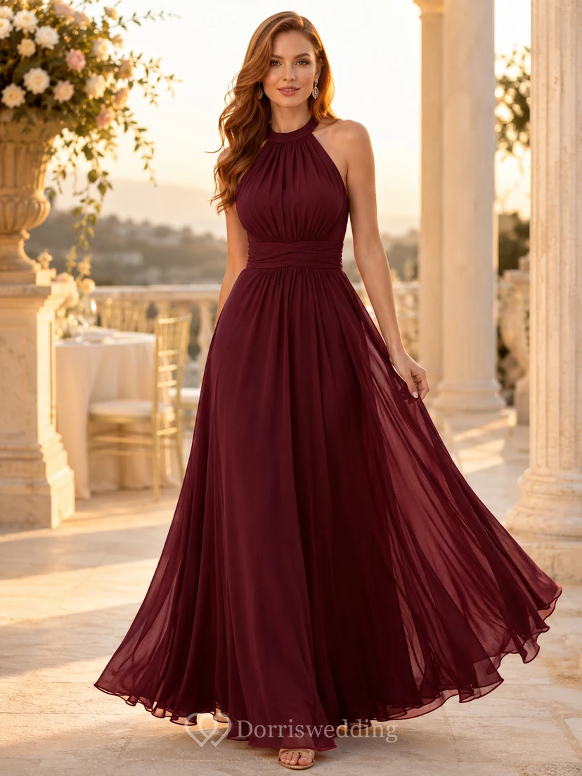 Burgundy Black Tie Wedding Guest Bridesmaid Evening Formal Dress A-Line Floor-Length Halter High Neck Sleeveless Chiffon Pleated Backless Strappy Back