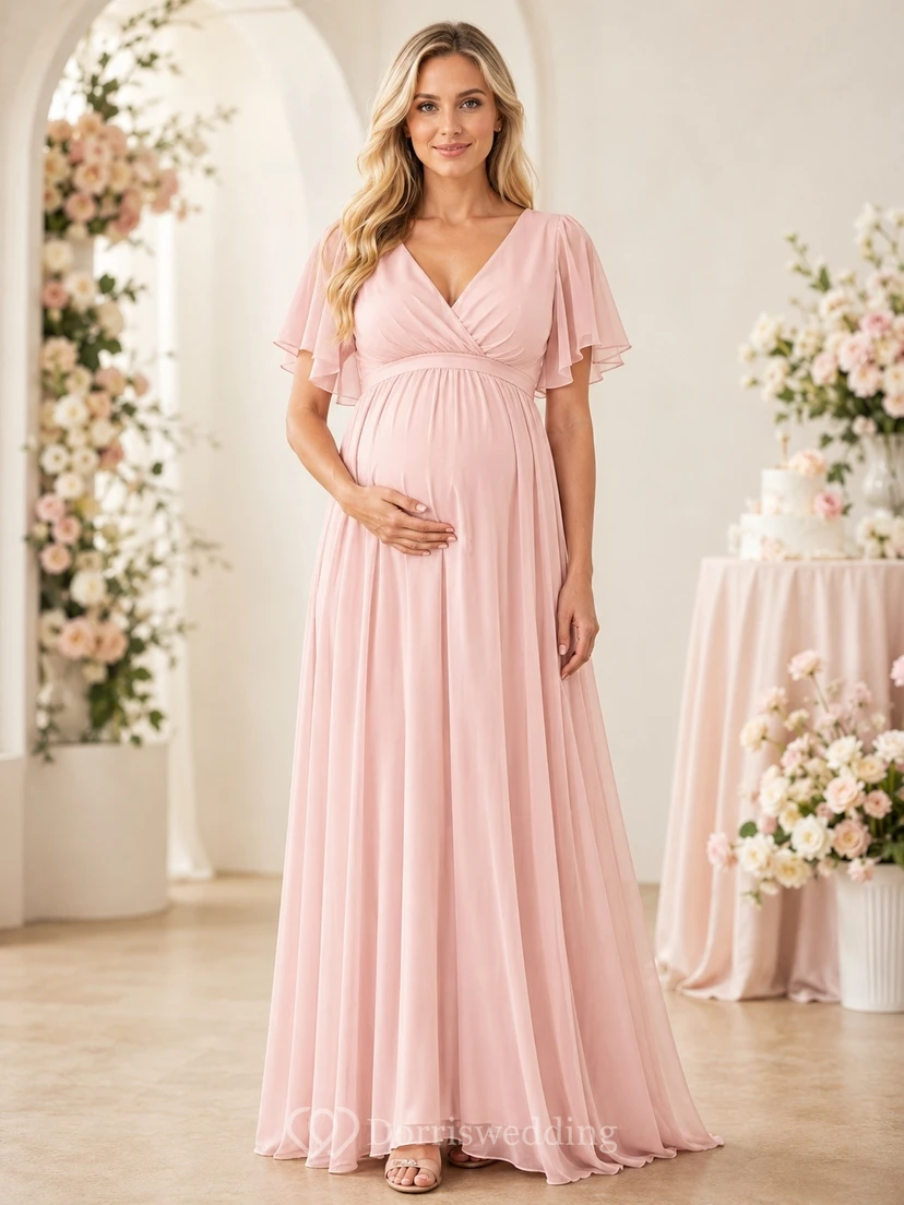 Maternity Empire Formal V-neck Flutter Sleeve Chiffon Floor-length Dress