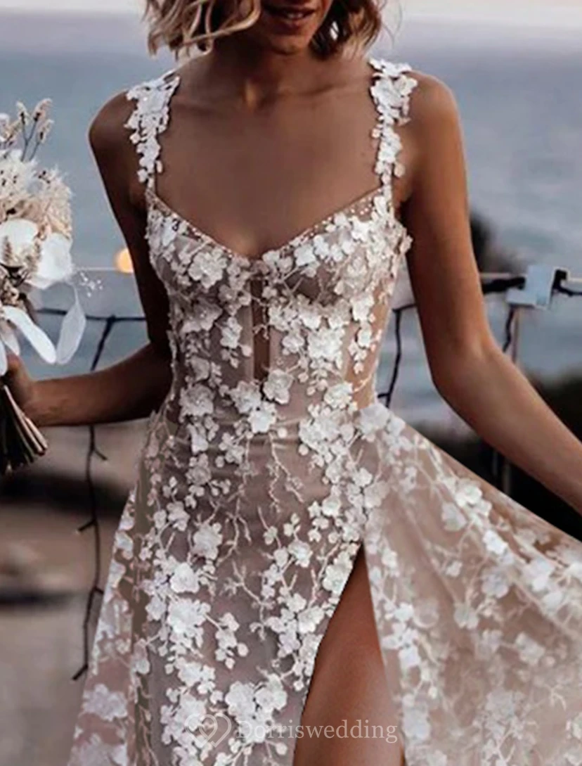 Sultry Floral Applique Wedding Dress with Thigh-High Slit view 4