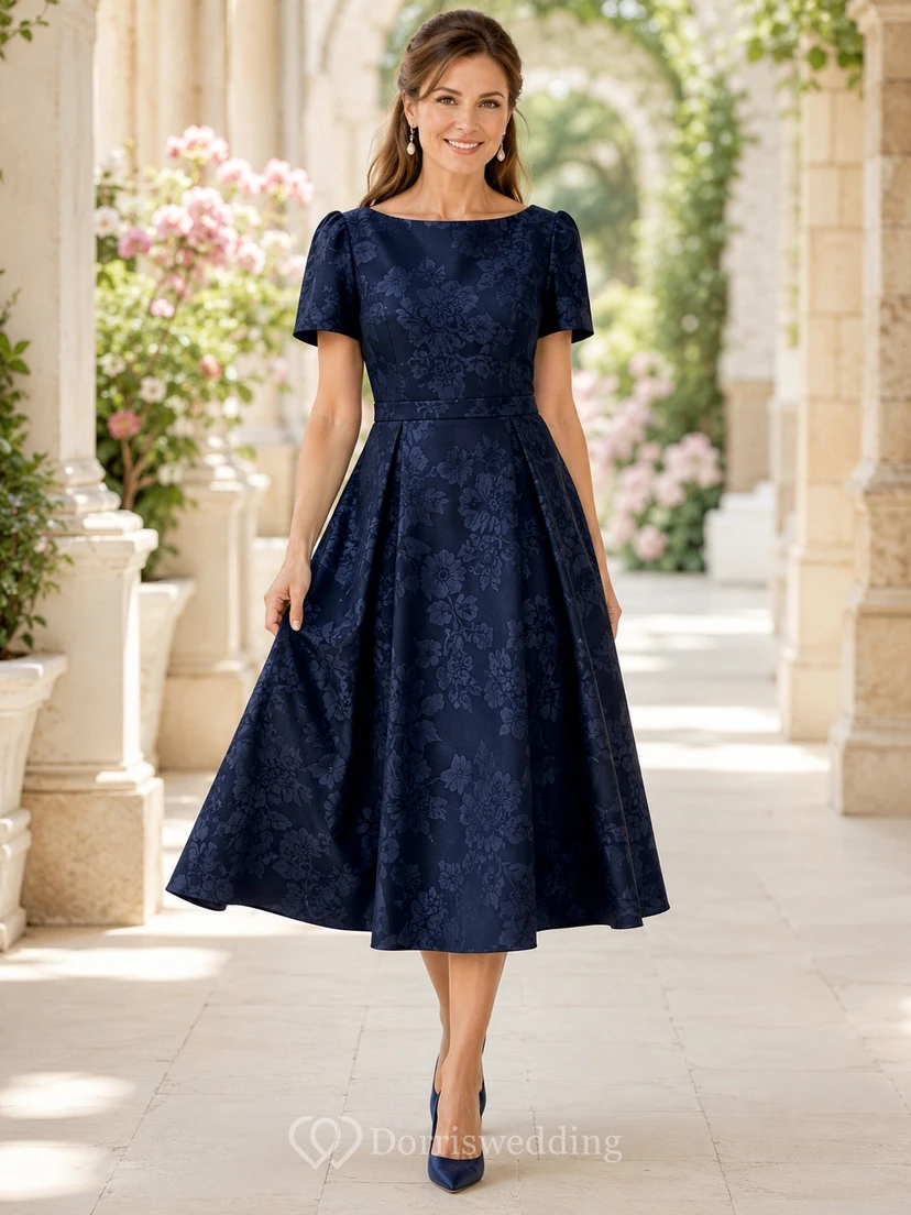 Dark Navy Floral Jacquard Short Sleeve Square Neck Tea-Length A-Line Mother Dress