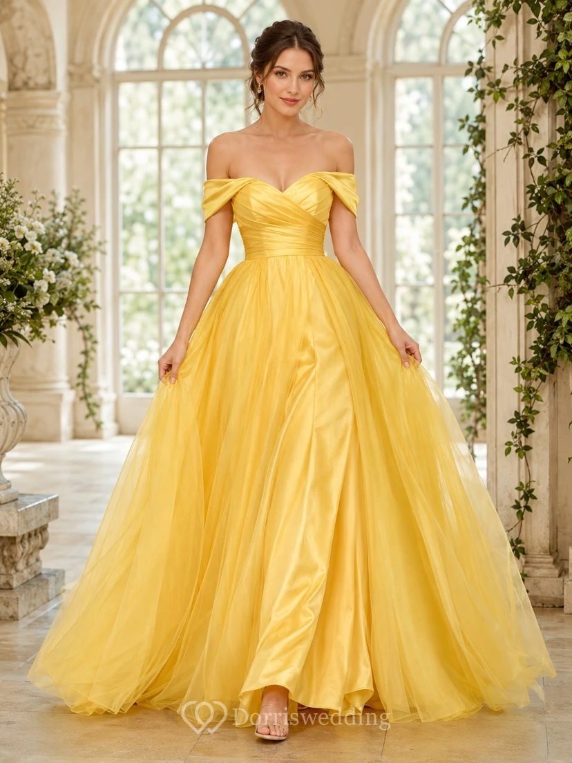 Yellow Tulle Ball Gown Off-Shoulder Short Sleeve Floor-Length Prom Dress
