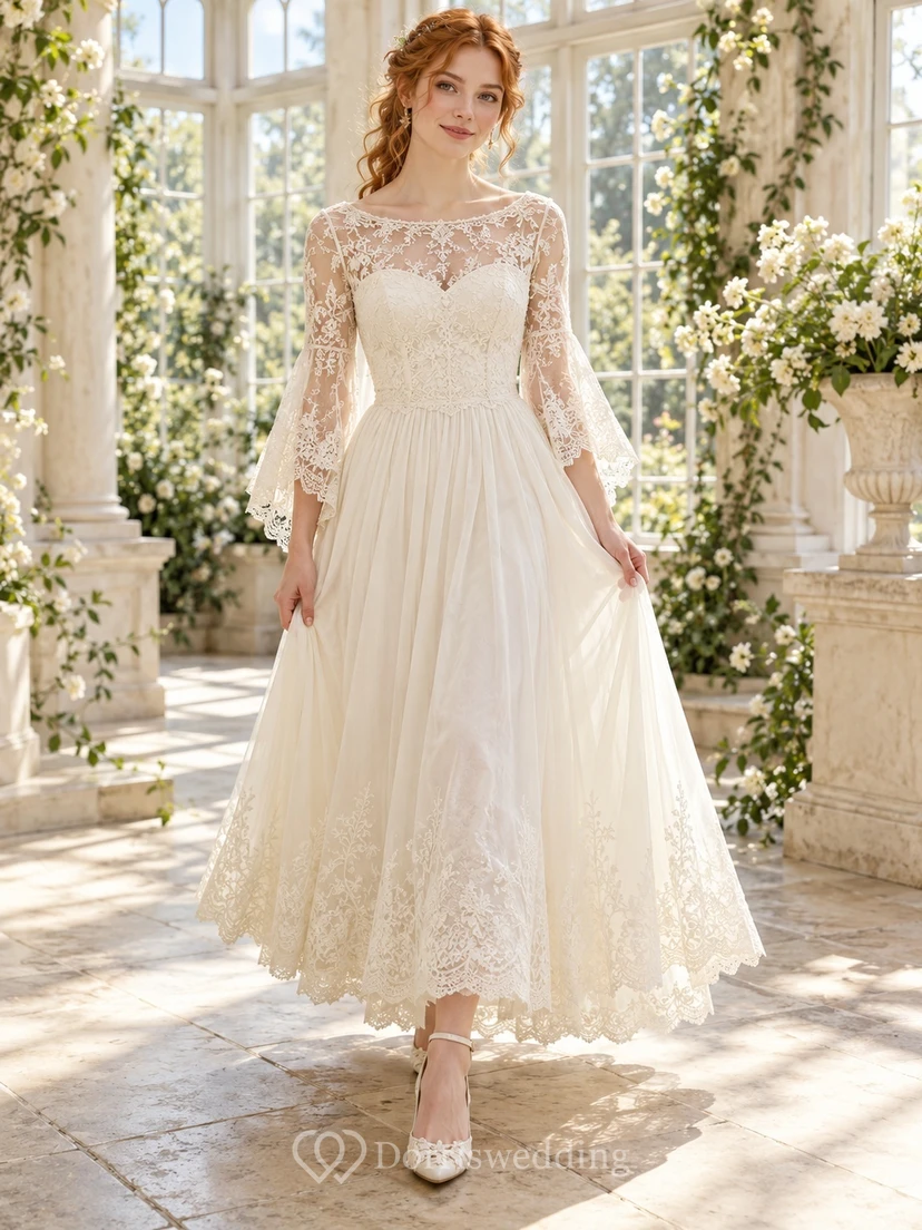 Tea-length Bell Sleeve Floral Lace Chiffon A-line Wedding Dress
