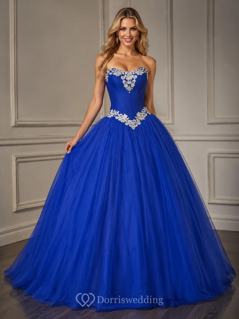 Ball Gown Floor-Length Straps Appliques Zipper Corset Back Straps Tulle Lace Dress