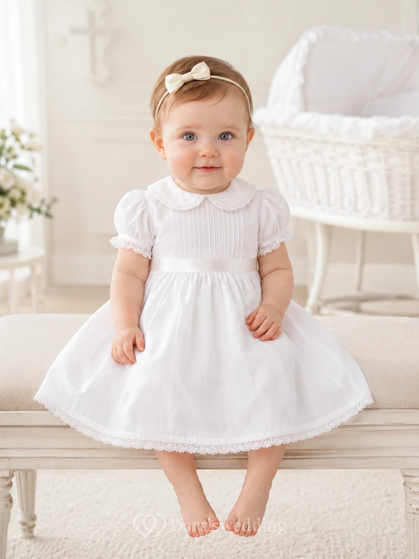 Baby-Taufkleid aus Baumwollbatist in A-Linie, knielang, mit Puffärmeln, schlicht, bezaubernd und lässig