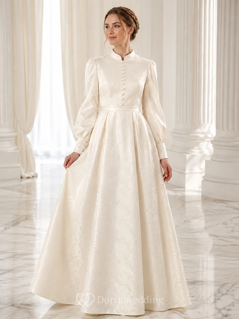High Neck Long Sleeve Pleated Floor-length A-line Satin Modest Romantic Wedding Dress