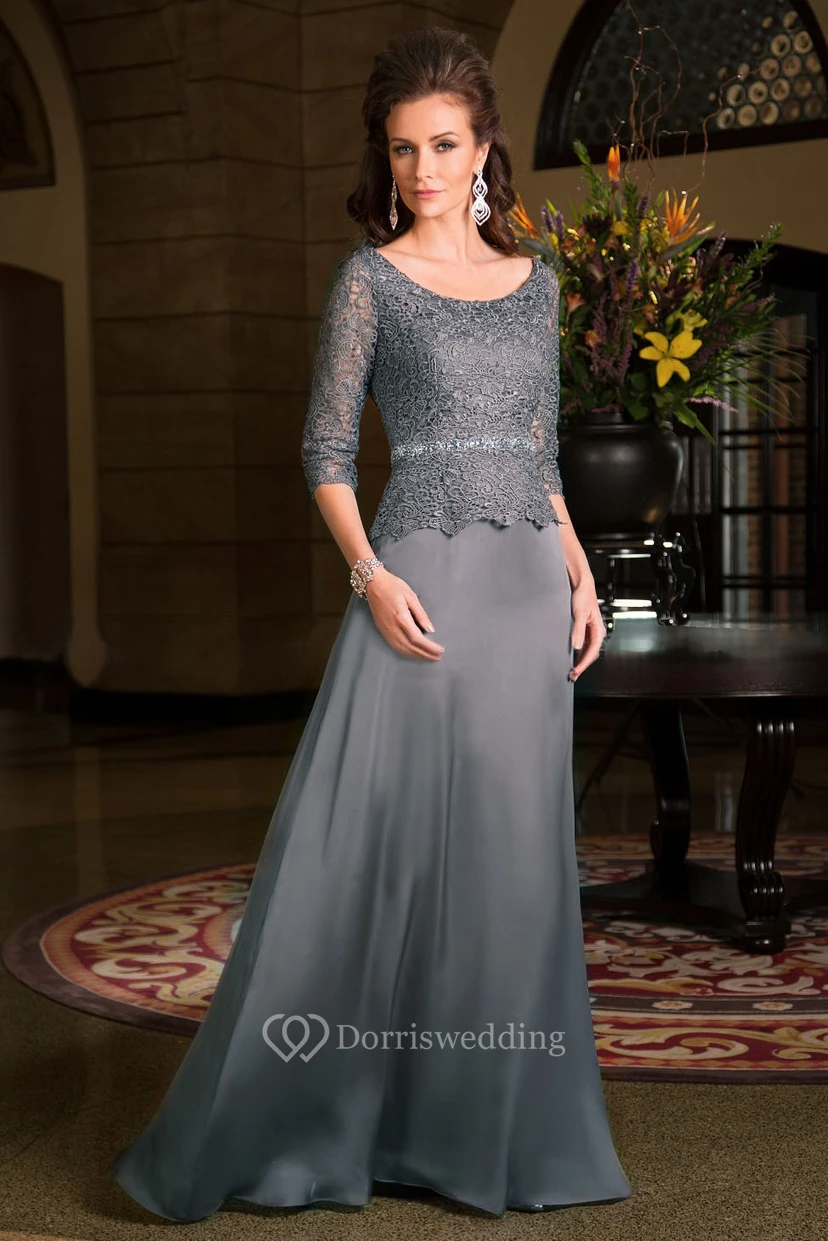 3-4 Sleeved Scoop-Neck Long Mother Of The Bride Dress With Lace Bodice