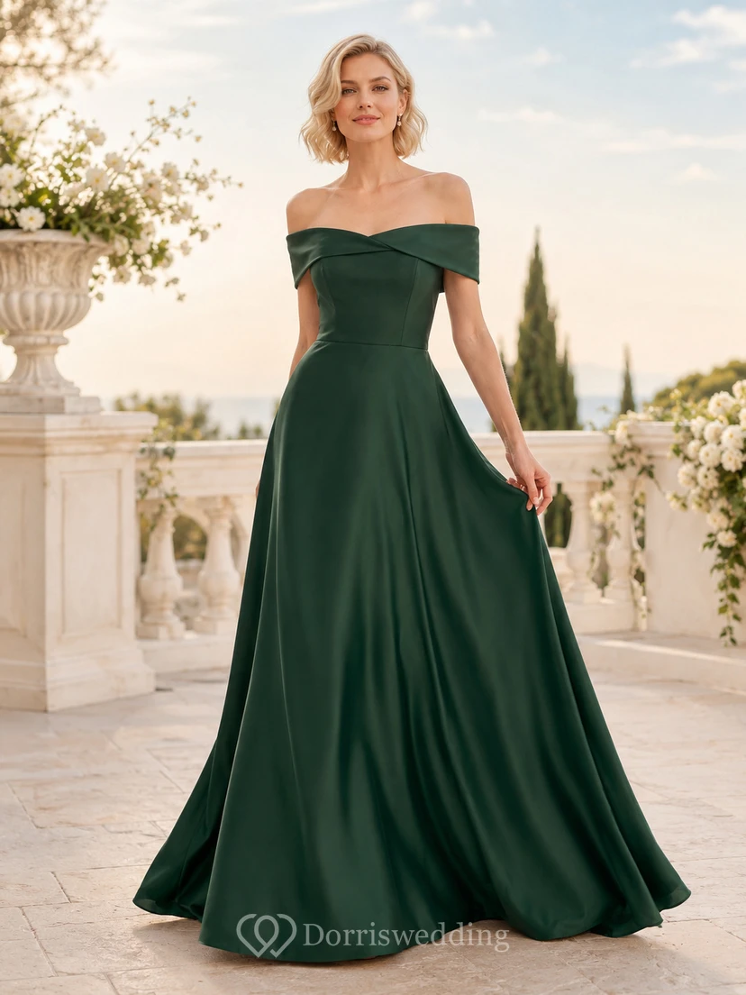 Vestido de novia romántico de satén verde oscuro con escote Bardot y cola de corte A