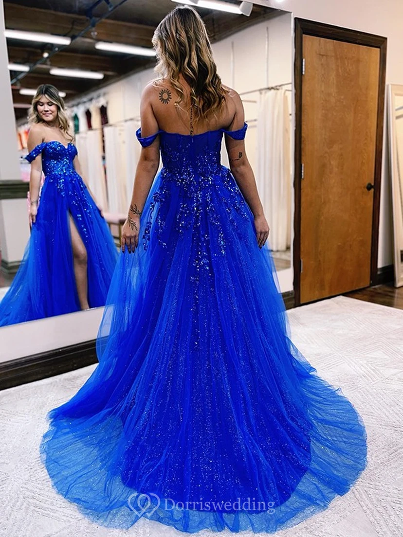 Blaues schulterfreies Tüll-Abendkleid mit Schlitz vorne und Perlenstickerei view 2