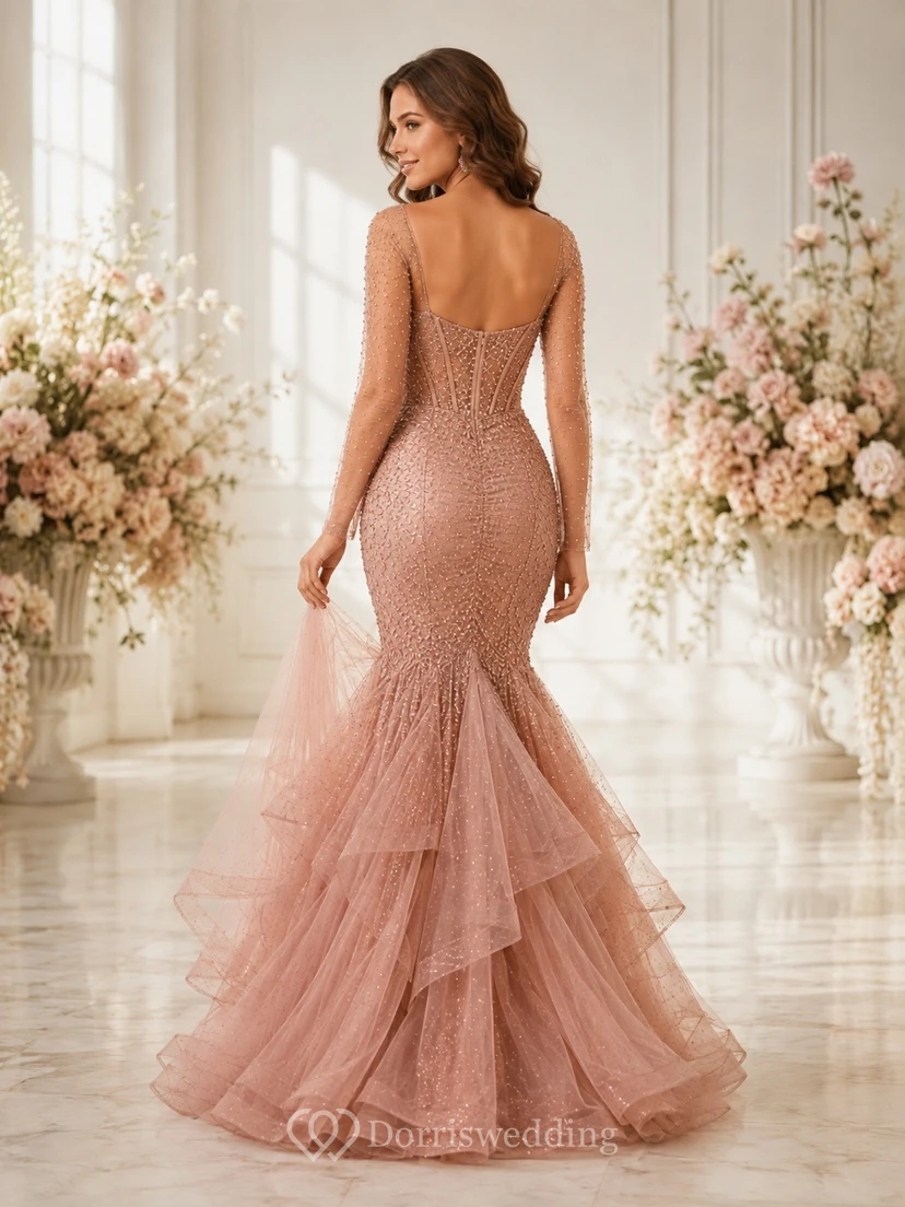 Champagne Tulle Sweetheart Sleeveless Mermaid Sweep-Train Tiered Ruffled Evening-Gown view 2