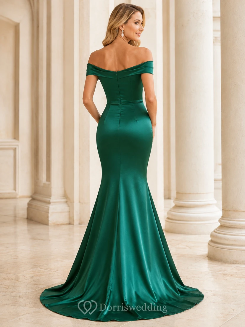 Dark Green Off-Shoulder Ruched Satin Sexy Mermaid Sweep Evening Gown view 2