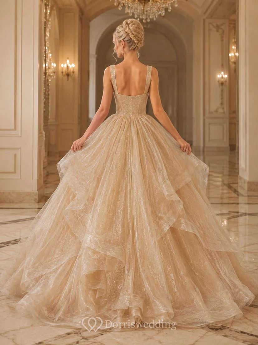 Champagne Metallic Organza Tiered Ruffle Strap Floor-Length Luxury Quinceanera Ball Gown view 2
