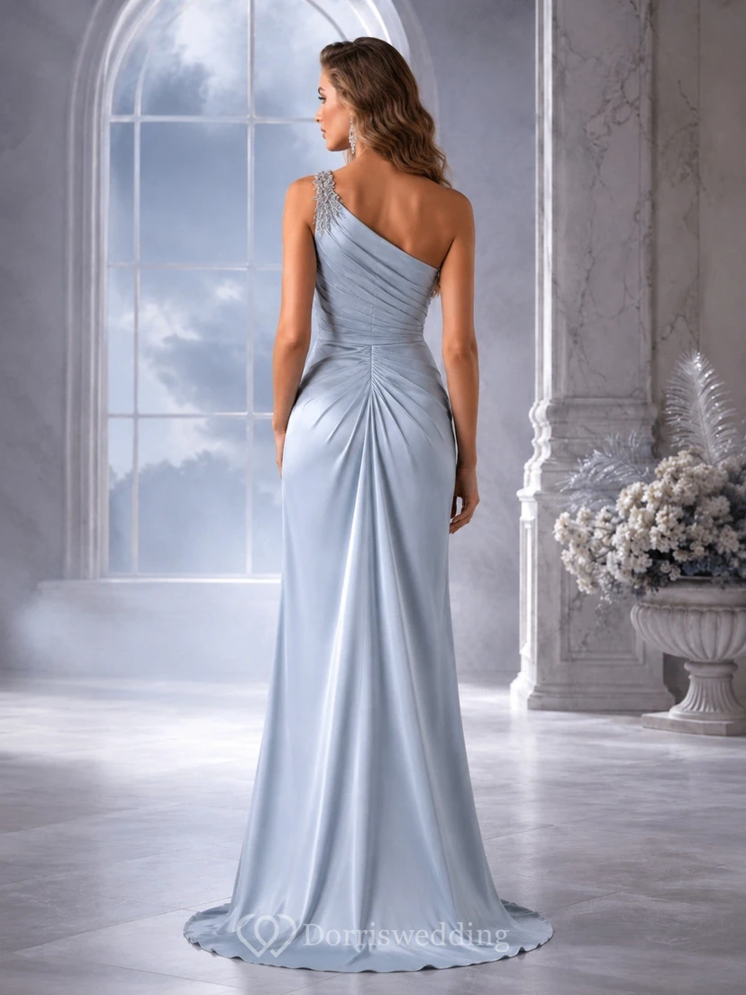 Silver One-Shoulder Sleeveless Satin Mermaid Split Evening Dress view 2