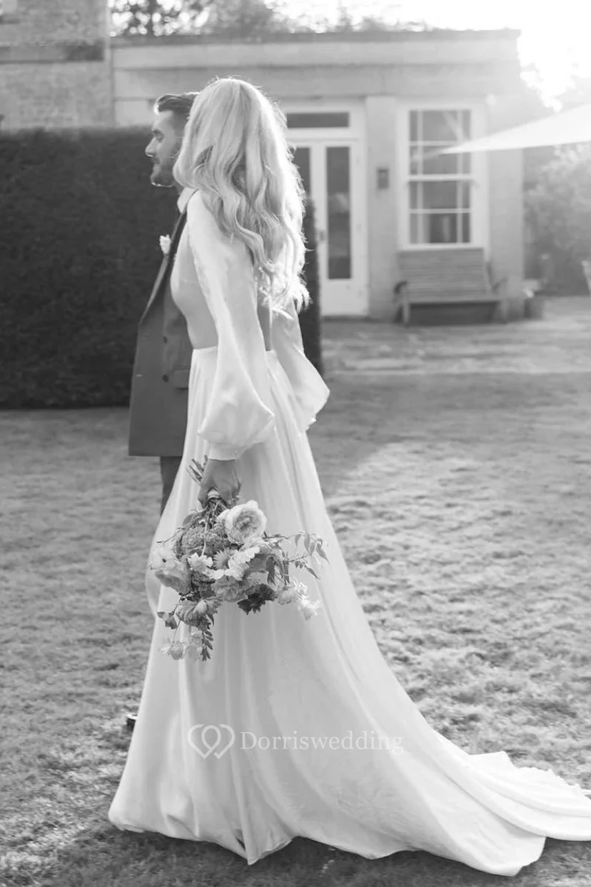 White Deep V-Neck Long Sleeve Wedding Dress view 2