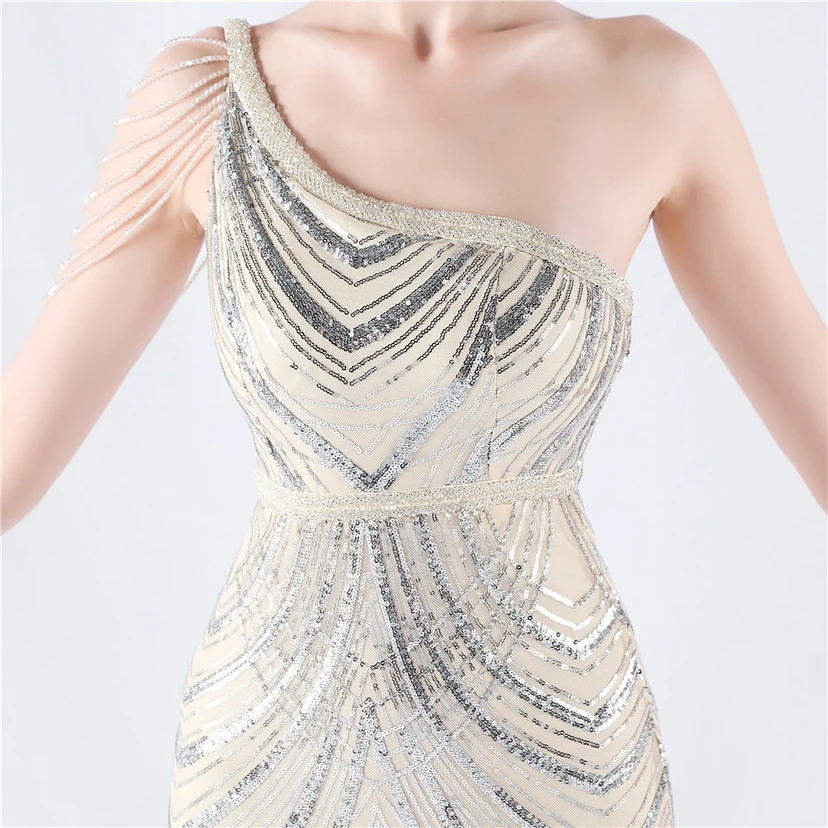 Positioning Flower Beaded Craft Beaded One-Shoulder Oblique Collar High Slit Evening Dress view 67