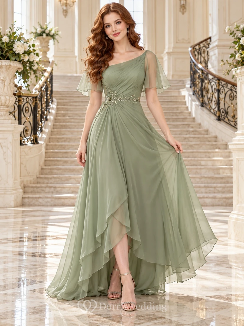 Sage High-low One-Shoulder Flutter Sleeve Chiffon Formal Evening Dress