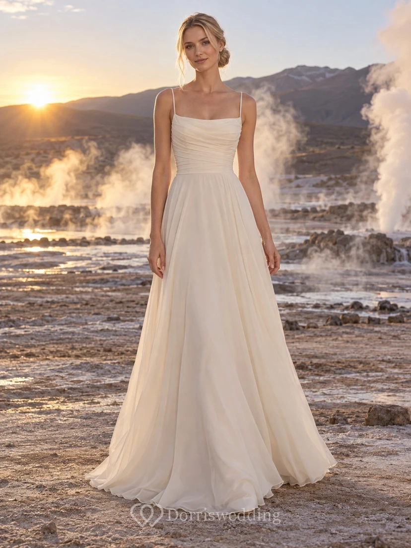 Sencillo vestido de novia color champán de corte A con tirantes finos y corpiño fruncido.