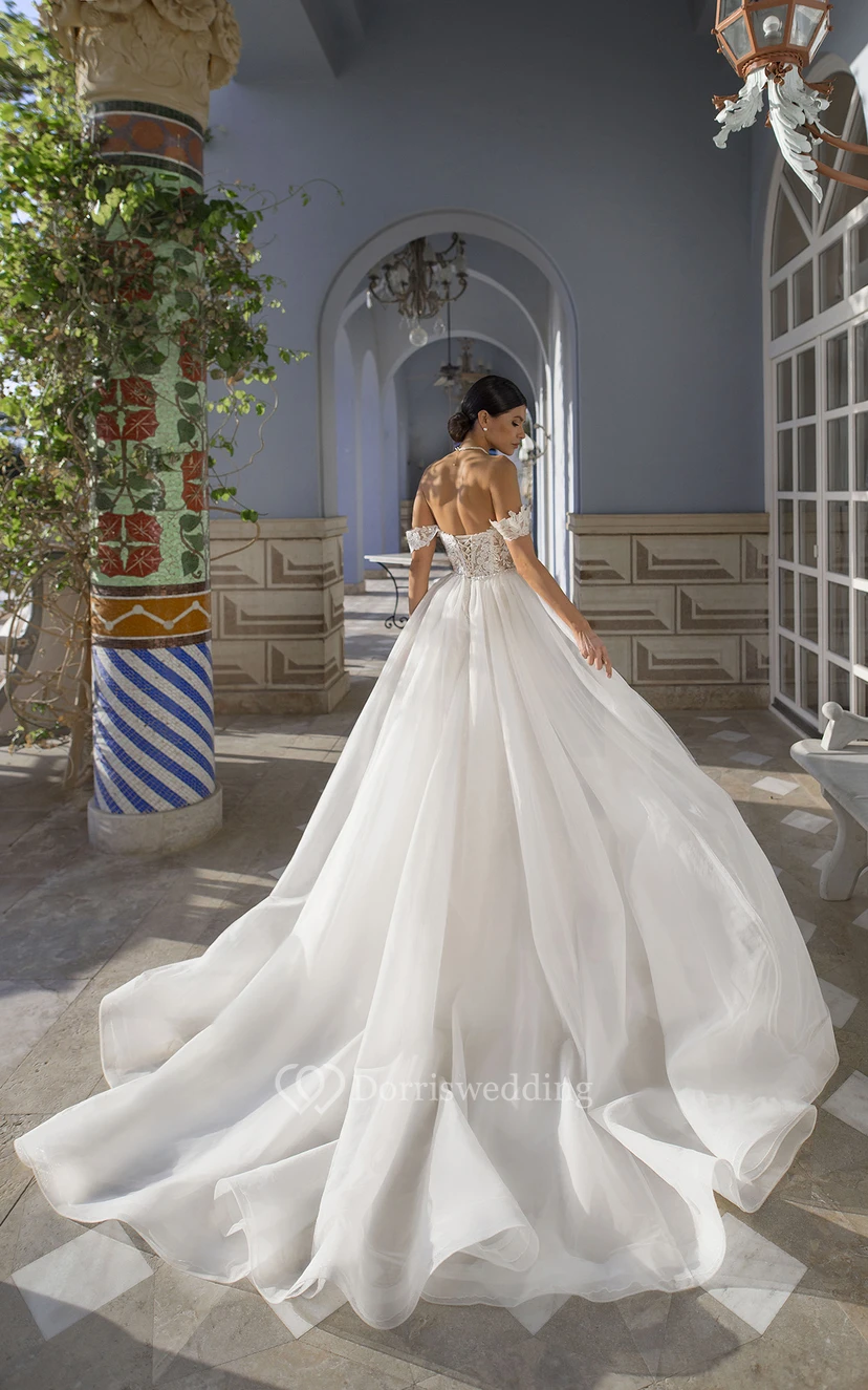 Robe de mariée fourreau en dentelle organza, décolleté cœur, épaules dénudées, longueur au sol, ornée d'appliqués et jupe amovible. view 4