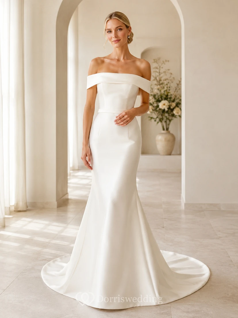 Minimalist Stretch Satin Wedding Dress Mermaid Off Shoulder Sweep Train Bridal Gown