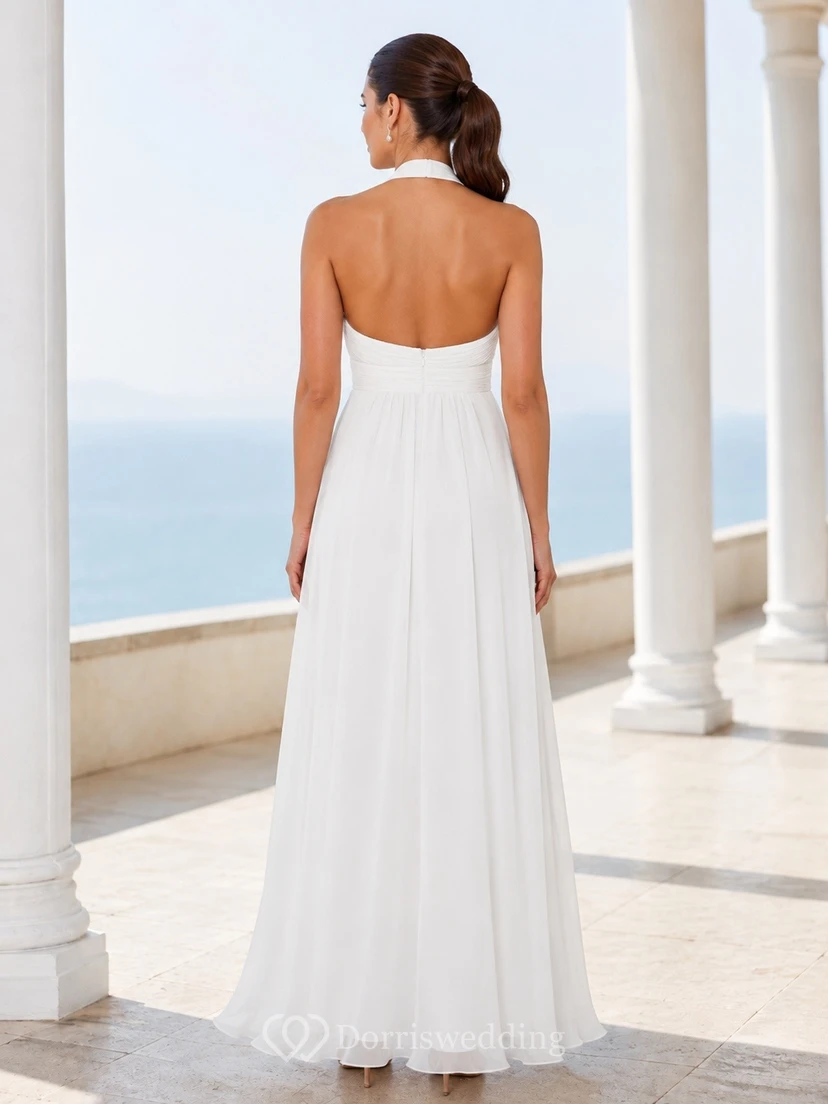 White Chiffon Halter Sleeveless A-Line Floor-Length Draped Beach Dress view 2