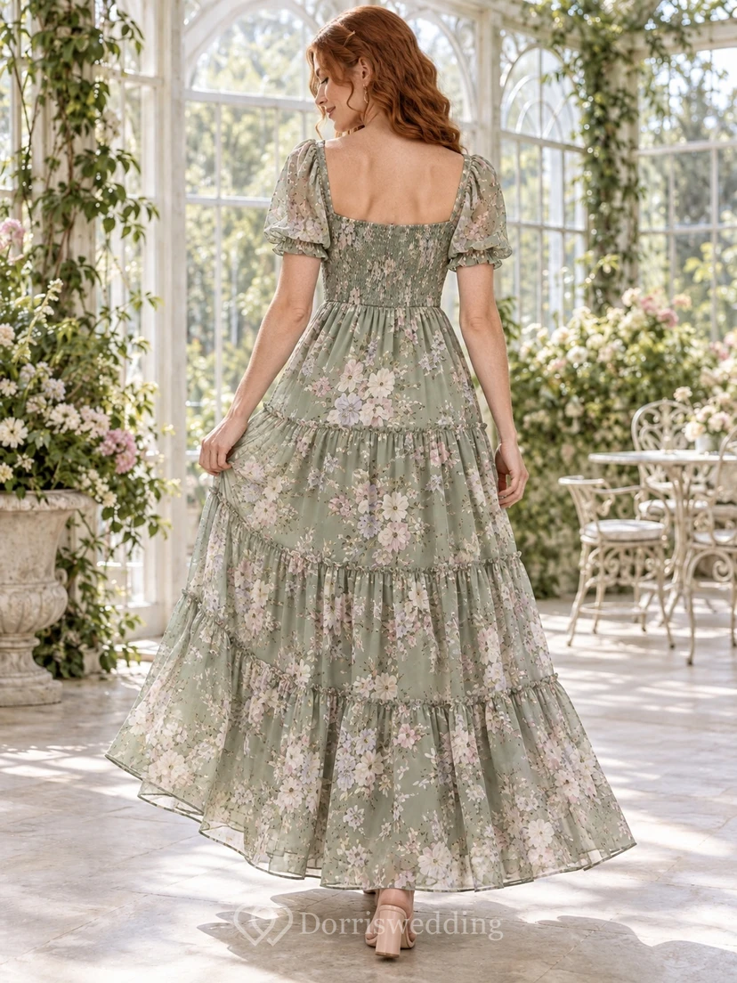 Vestido de fiesta de gasa de corte A con cuello cuadrado y mangas abullonadas, estampado floral verde salvia, largo hasta los tobillos. view 2