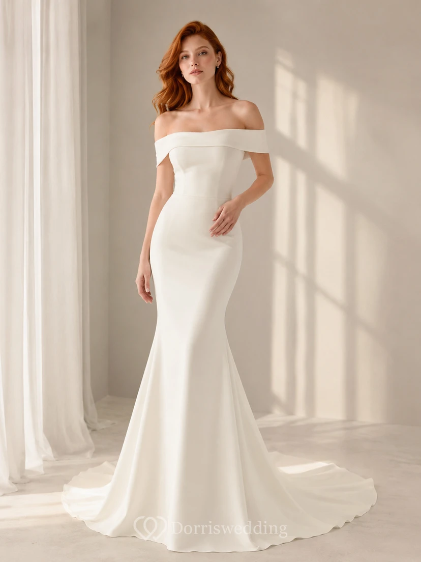 Vestido de novia sencillo de crepé estilo sirena con hombros descubiertos para el juzgado