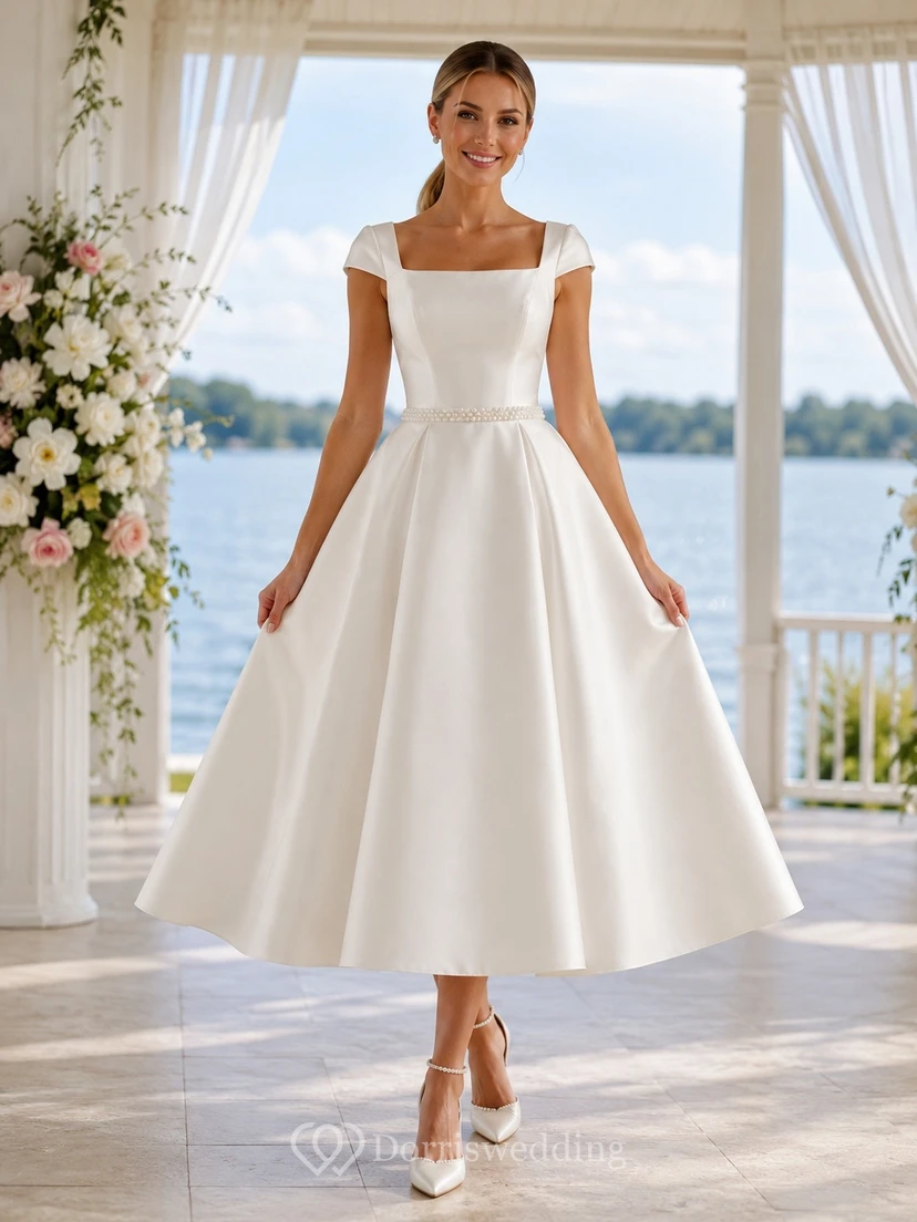 Vestido de novia de satén de corte A con escote cuadrado y largo hasta la rodilla para renovación de votos