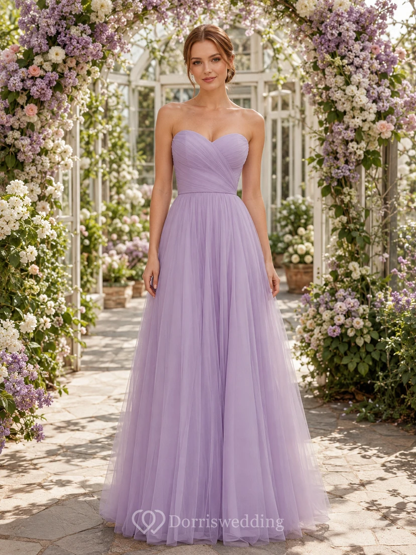 Lavender Strapless Sweetheart Tulle Floor Length A Line Garden Guest Dress