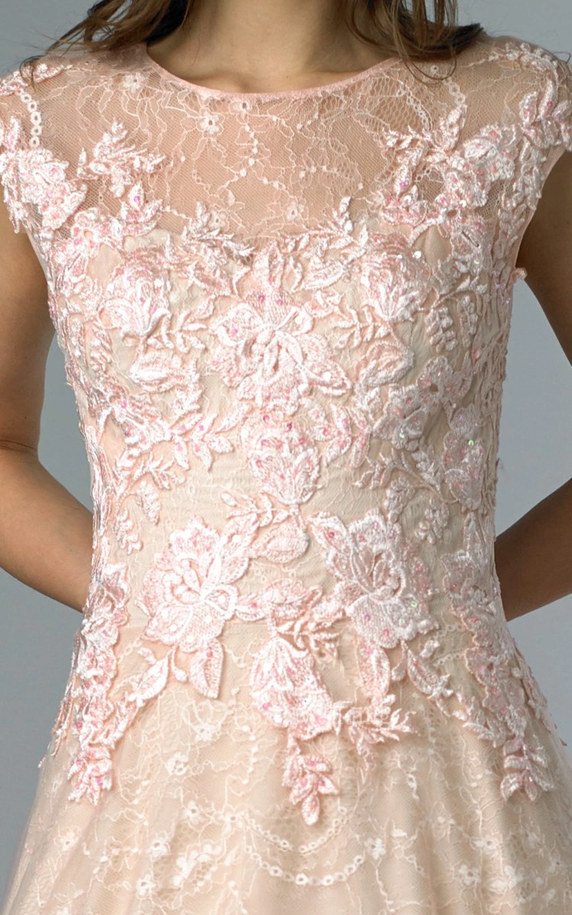 A-line Floor-length High Neck Short Sleeve Lace Illusion Dress view 16