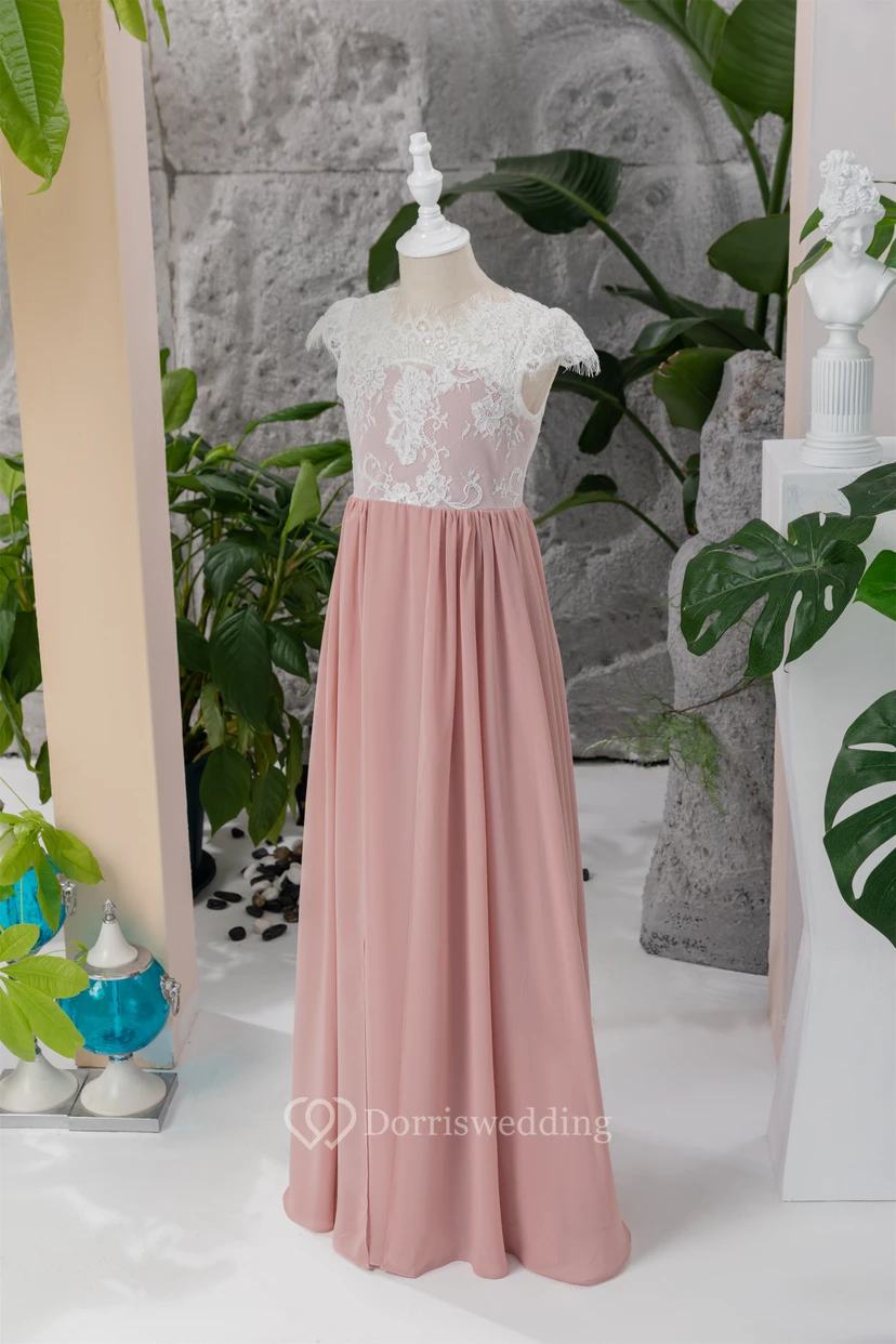 Lace Cap White and Coral Empire Chiffon Floor-length Flowergirl Dress view 6