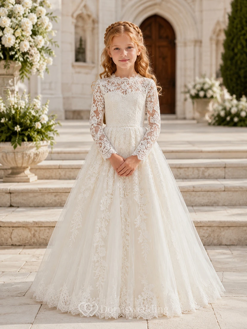 A-Line Flowergirl Lace Tulle Floor-Length Long Sleeve Classic Garden Wedding Gown with Floral Embroidery