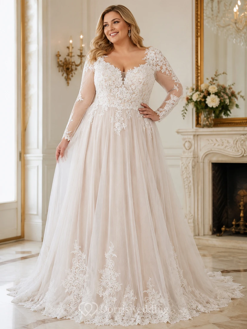 Robe de mariée vintage plissée en tulle, coupe trapèze, col en V, manches longues illusion, dentelle appliquée, tulle et dentelle, robe de mariée trapèze à manches longues plissée. view 2