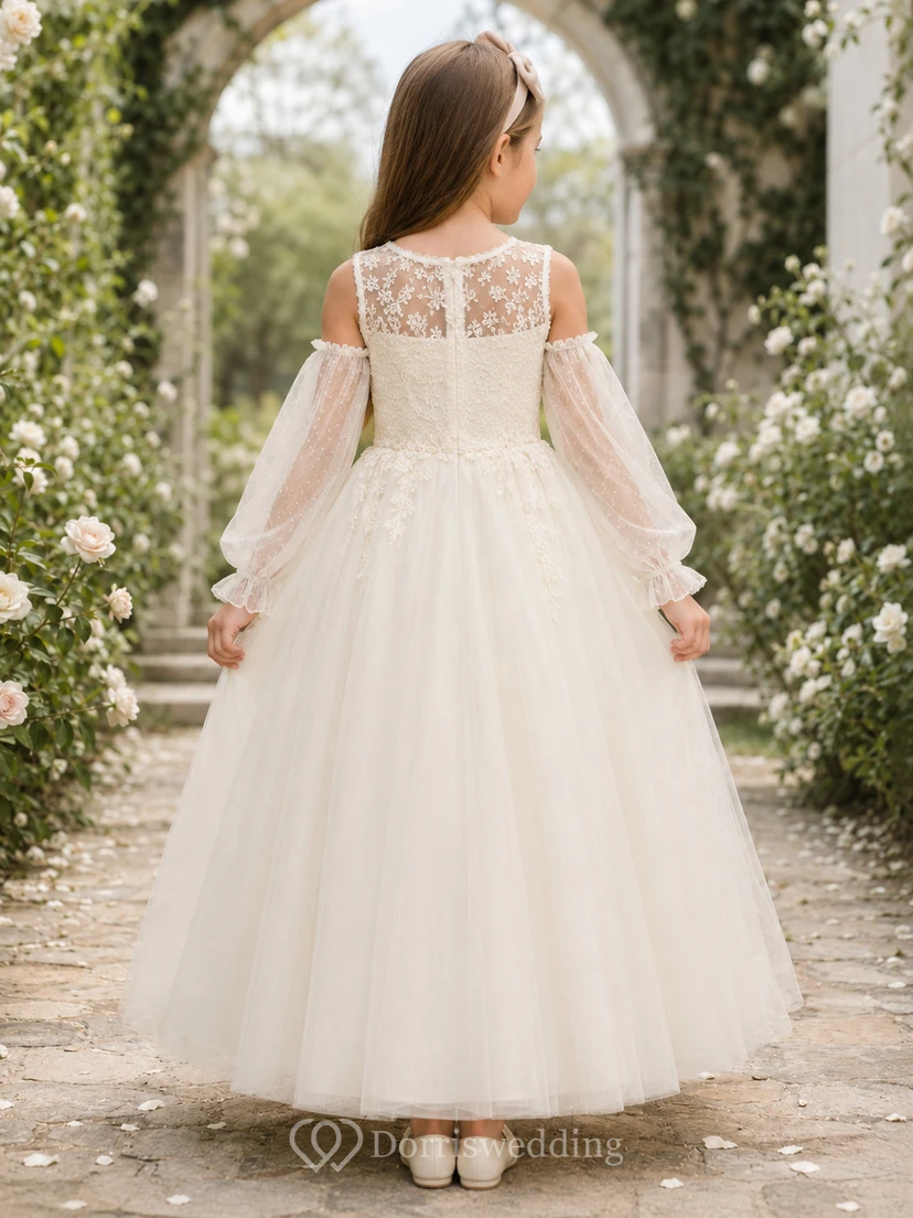 Vestido de comunión para niña de las flores con capa de tul desmontable blanca y encaje. view 2