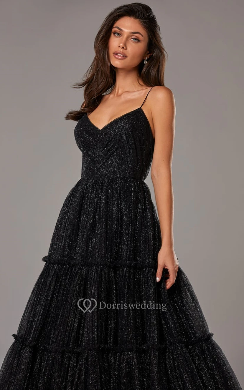 Vintage A Line Spaghetti V-neck Tulle Prom Dress view 4